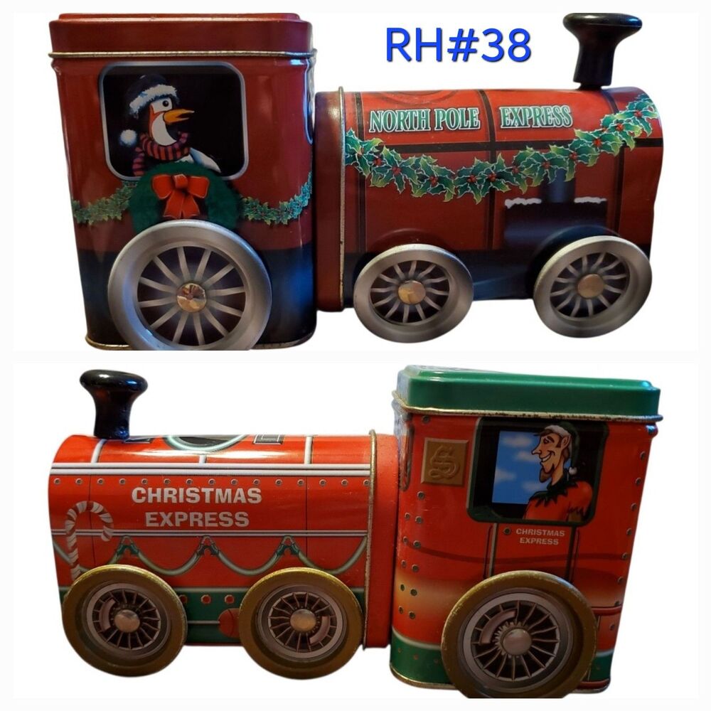 Christmas Express Train Locomotives Shaped Tins, Compart & Wheels Spin - RH#38